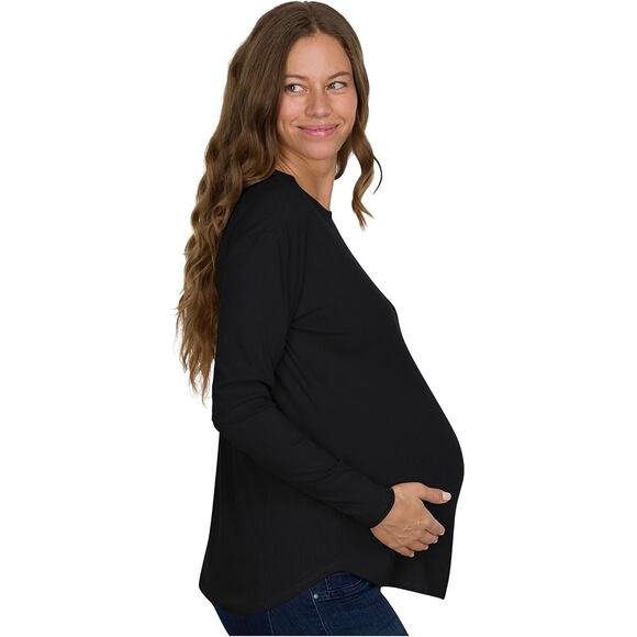 New Medium Black Long Sleeve, Ribbed, Crew Neck, Rounded Hem Maternity Shirt - Picture 3 of 6